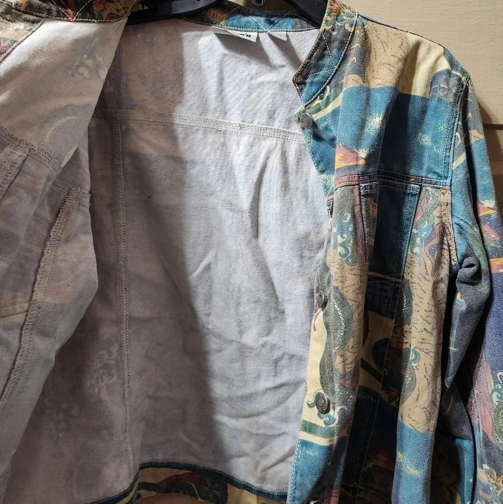 Chico's Design Vintage Japanese Art Print Button Up Denim Jacket - Picture 3 of 10